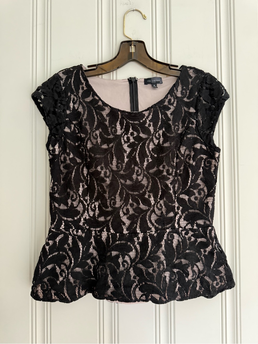 The Limited Black Lace Peplum Top with Nude Lining